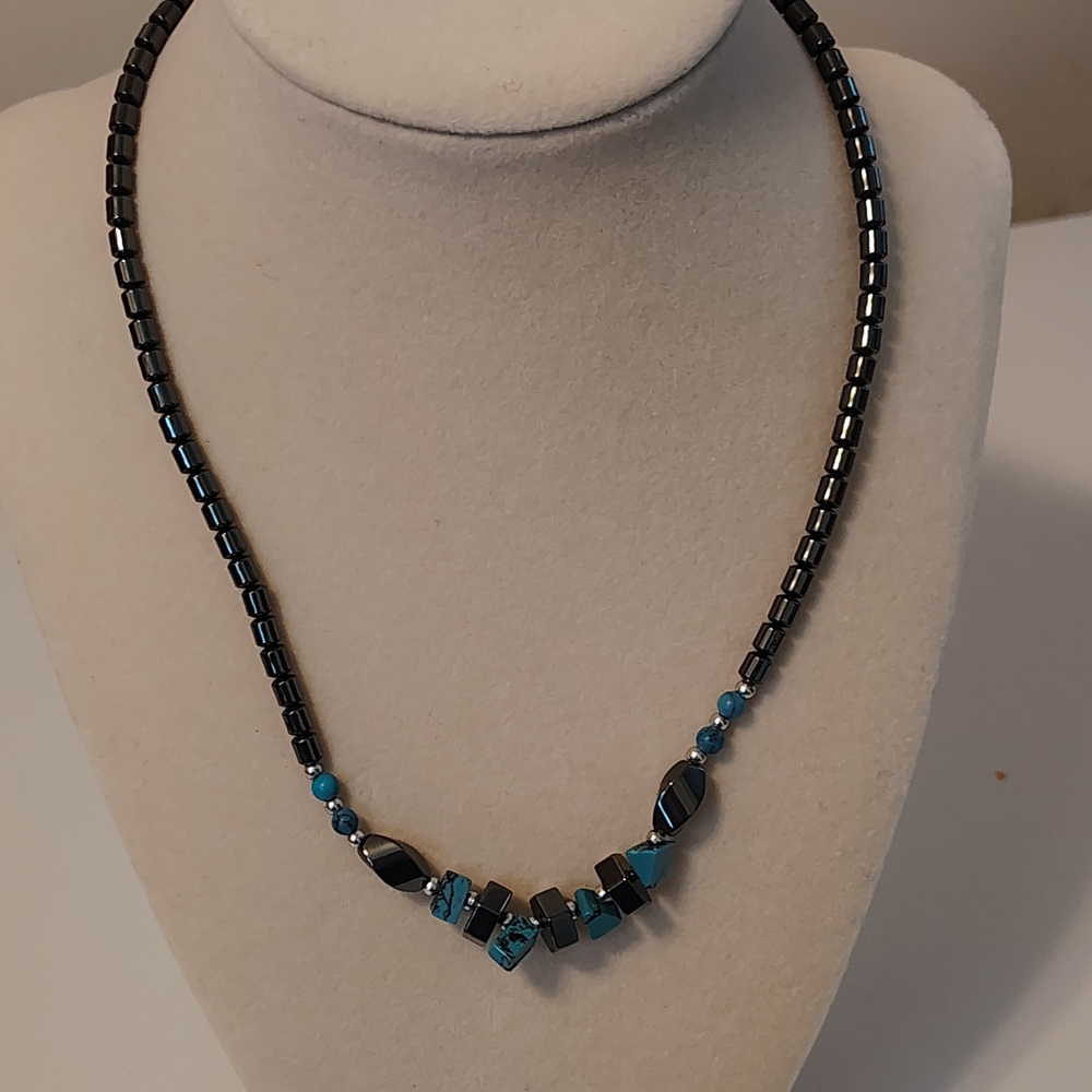 Elegant Hematite Black and Blue Beaded Necklace. 18"